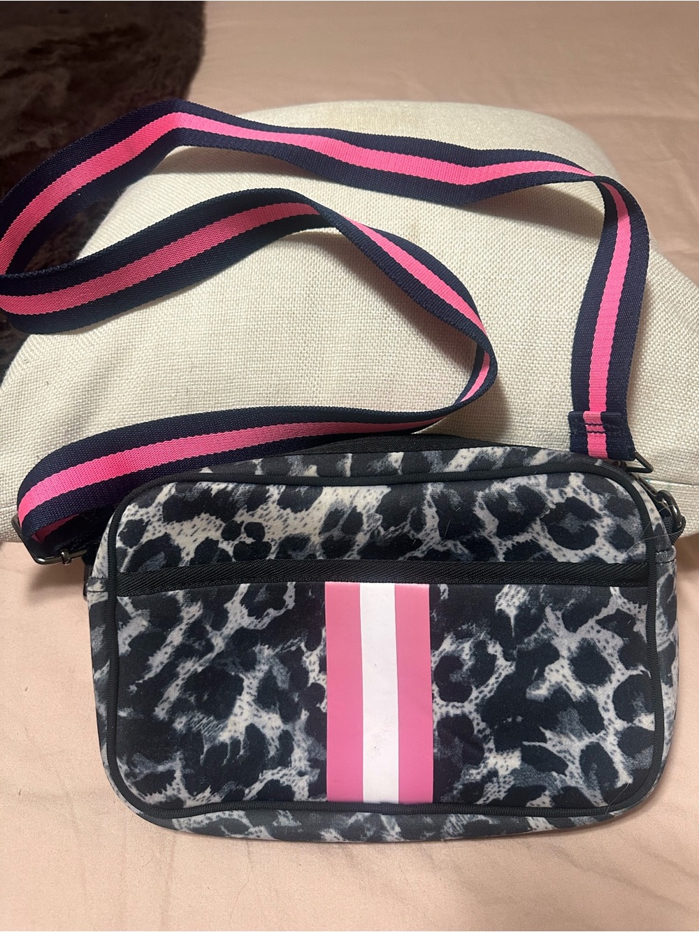 Neoprene Black & White Leopard Crossbody with Pink Stripe